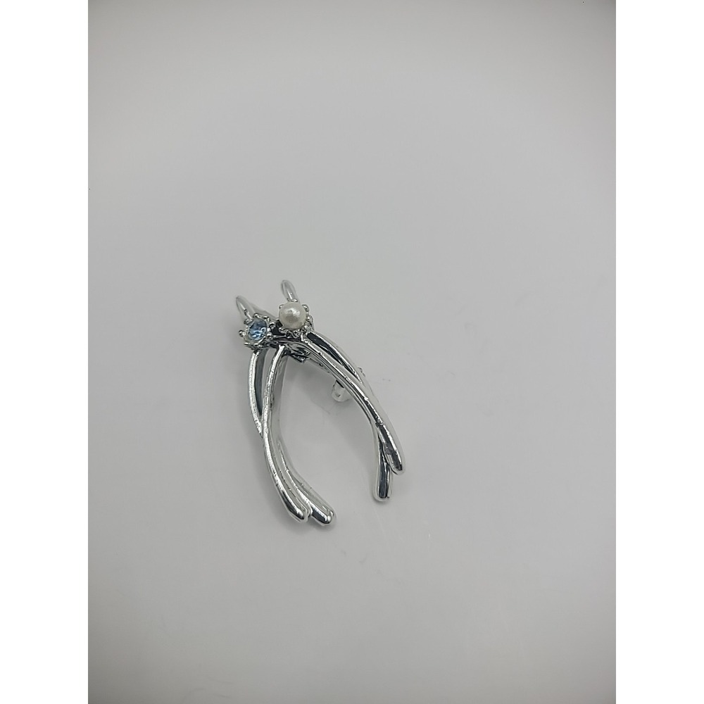 Vintage Pin Brooch Wish Bone‎ Silver Tone Purple Crystal White Bead Jewelry